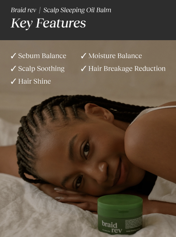 Braid Rev Scalp Sleeping Oil Balm with a woman with braided hair lying down and a jar of the product.