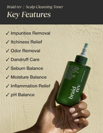 Braid Rev Scalp Cleansing Toner bottle held by a hand with key features listed on a beige background