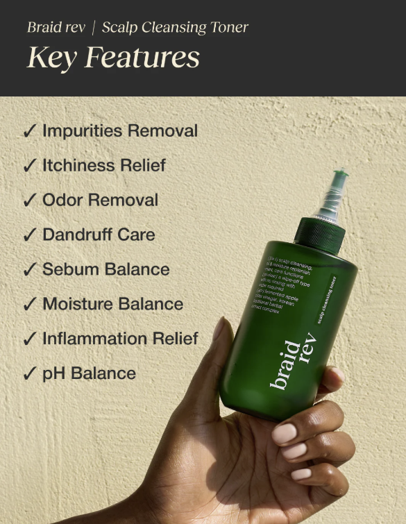 Braid Rev Scalp Cleansing Toner bottle held by a hand with key features listed on a beige background