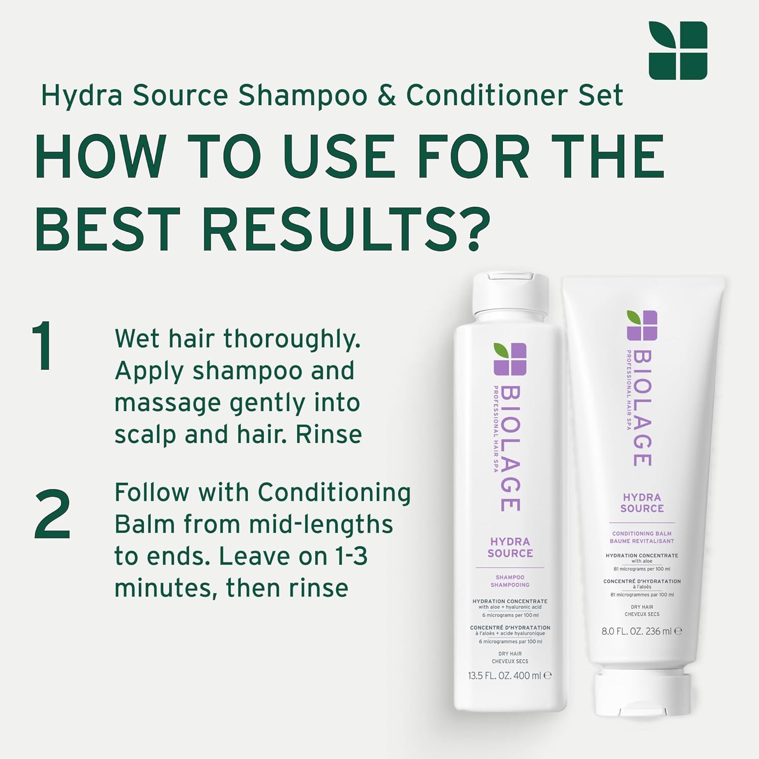 Biolage Hydra Source Shampoo and Conditioner Duo 400 mL (13.5 fl oz) and 236 mL (8 fl oz) Set Biolage