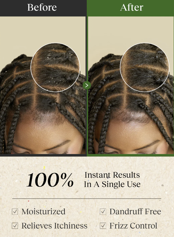 Before and after comparison of hair care product on braided hair with text highlighting results.