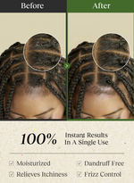 Before and after comparison of hair care product on braided hair with text highlighting results.