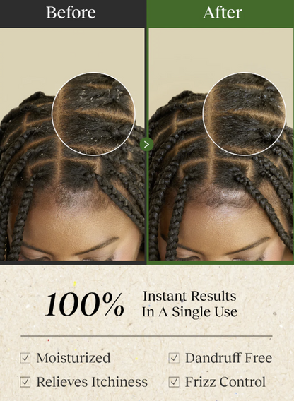 Before and after comparison of hair care product on braided hair with text highlighting results.