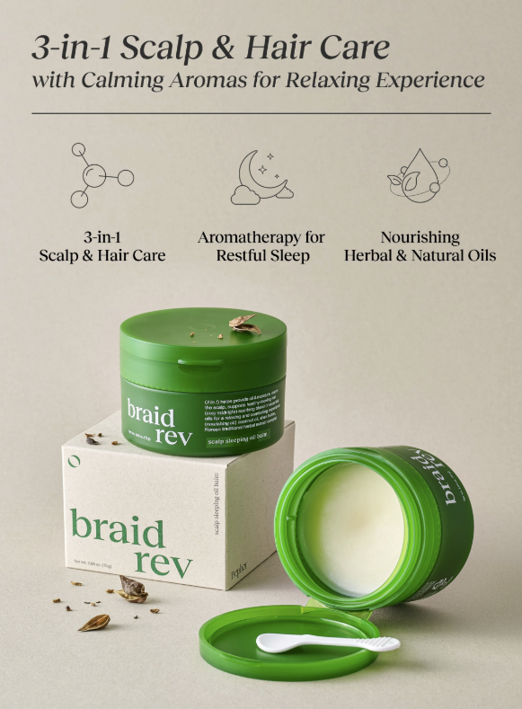 Green jar of braid rev scalp and hair care product with packaging on a beige background