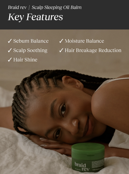 Braid Rev Scalp Sleeping Oil Balm with a woman with braided hair lying down and a jar of the product.